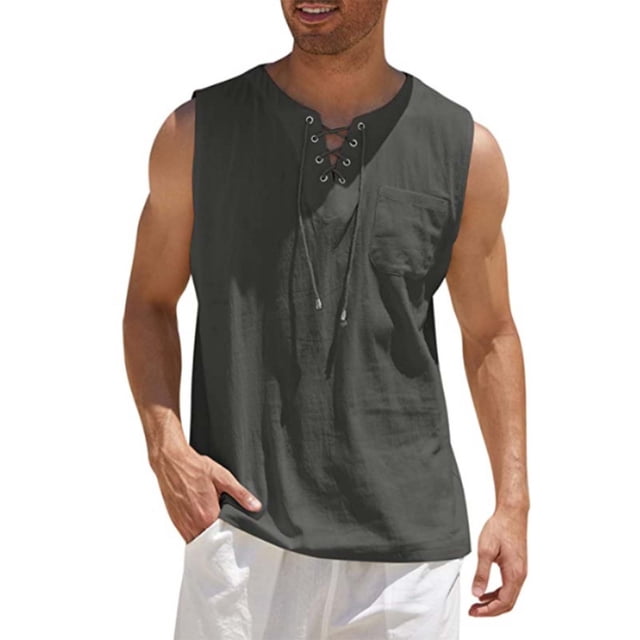 pstuiky Camiseta sin mangas para hombre, Camiseta sin mangas con cuello en V, holgada, informal, con cordón y bolsillo, de color liso y a la moda para hombre Chaleco de hombre xxl