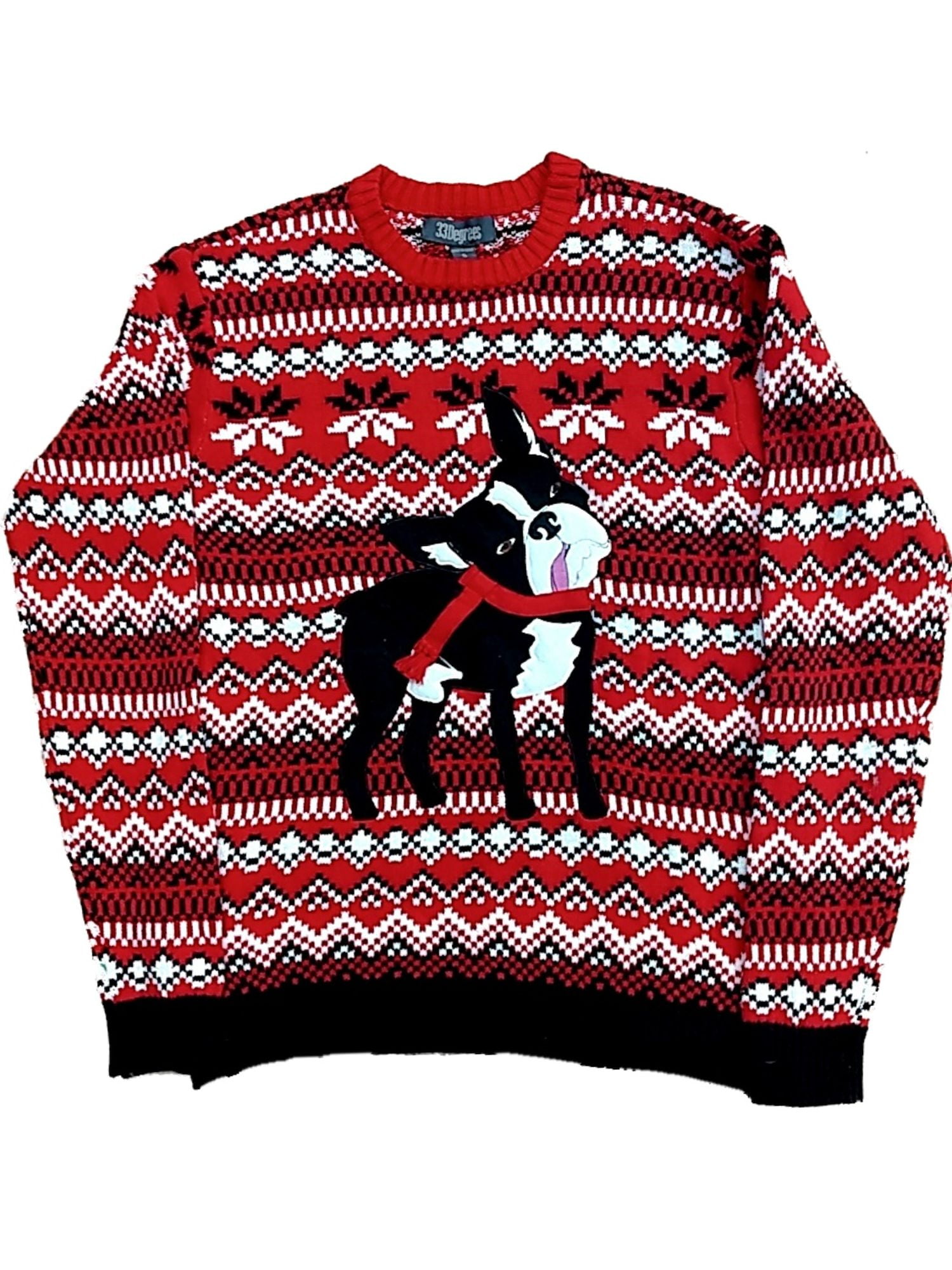 33 Degrees Mens Red Knit Boston Terrier Dog Ugly Christmas Sweater