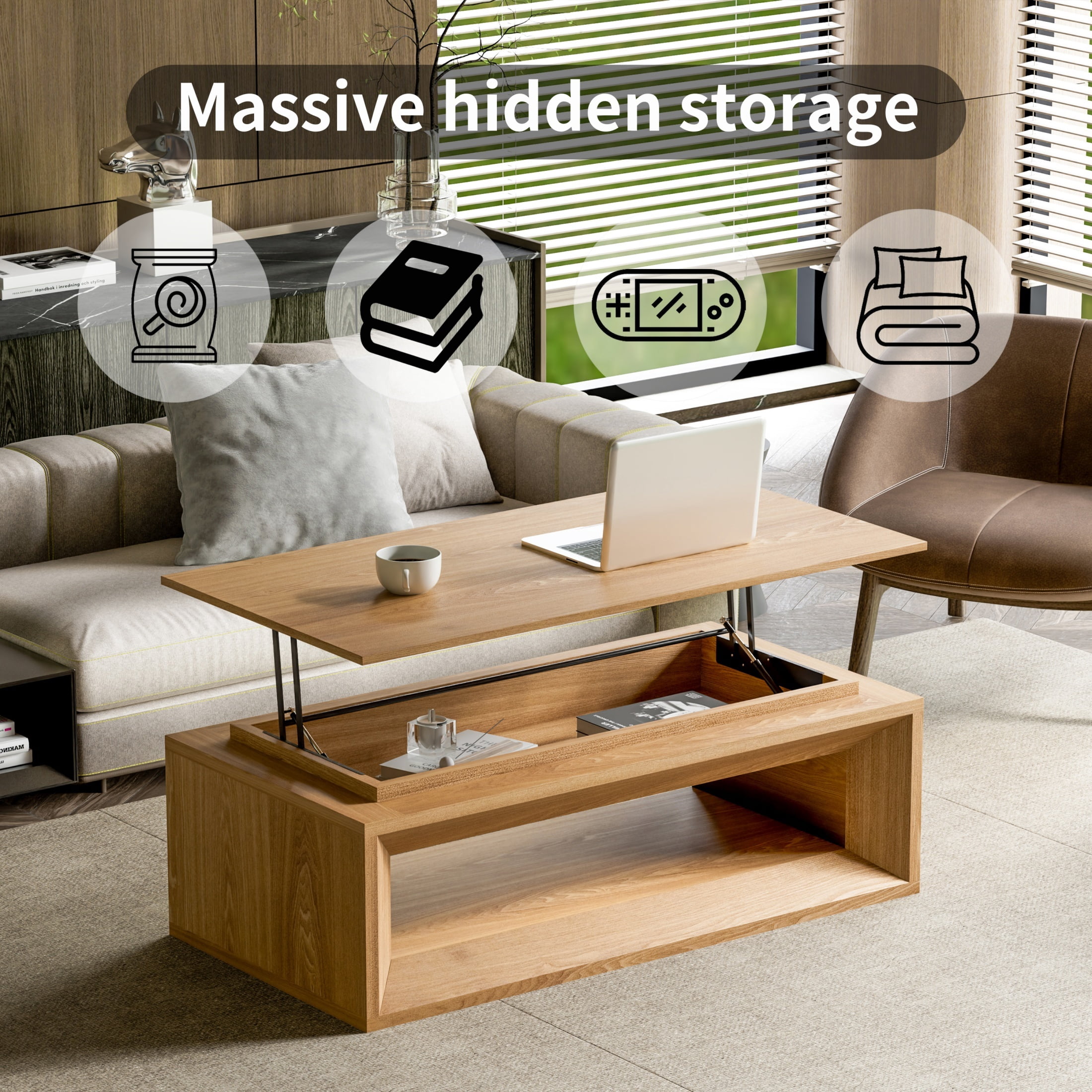 Lift-Top Adjustable Coffee Table with Hidden Storage, Solid Wood Veneered Modern End Table, Accent Cocktail Table
