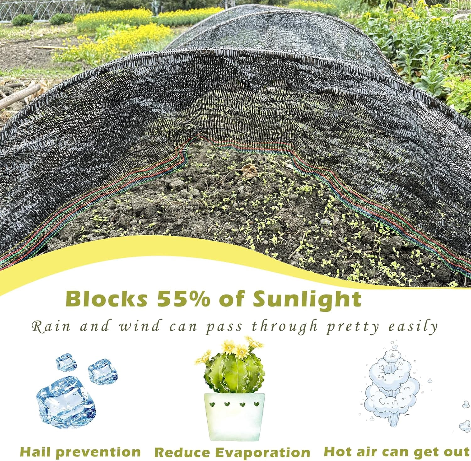 55% Shade Cloth for Garden, Sunblock Mesh UV Resistant Net for Vegetables Flowers Greenhouse Raised Bed, Plant Shade Cover from Sun, Black (6.5X10 FT)