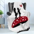 thumbnail image 4 of Mushroom Soft Flannel Fleece Throw Blanket, Silhouettes of 2 Little Girl on Huge Toadstool, Cozy Plush for Indoor and Outdoor Use, 50" x 60", Vermilion Grey, by Ambesonne, 4 of 5