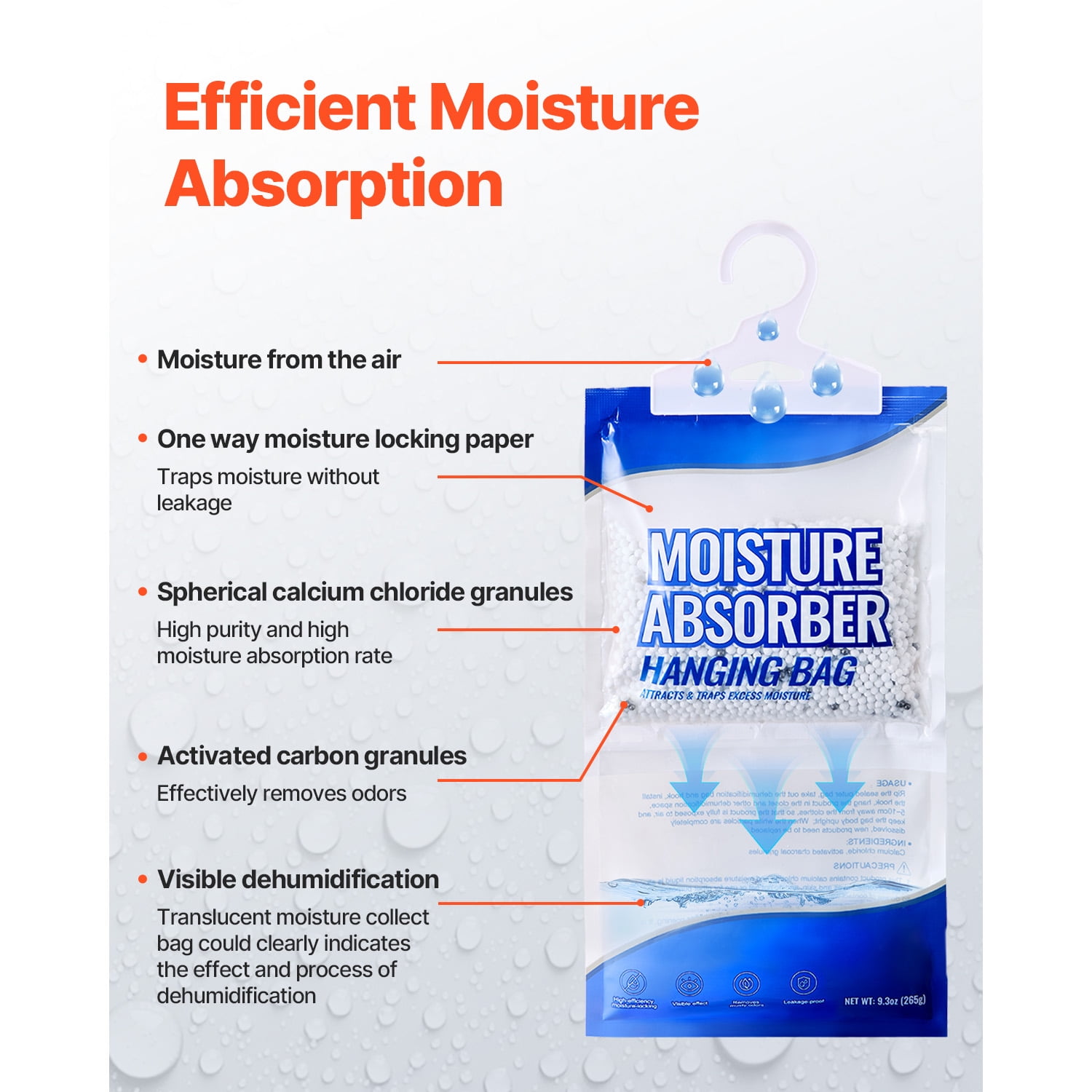 KFFKFF Closet Dehumidifier, 9.3 oz Moisture Absorbing Hanging Bags(10 Packs), Scentless Moisture Removers for Bedrooms, Bathrooms, and Wardrobes