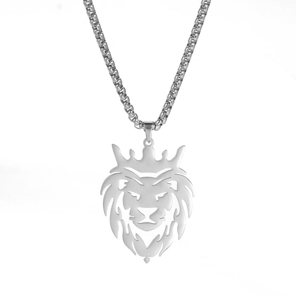 EUEAVAN Lion with King Crown Necklaces for Men Stainless Steel Silver Pendant Necklace