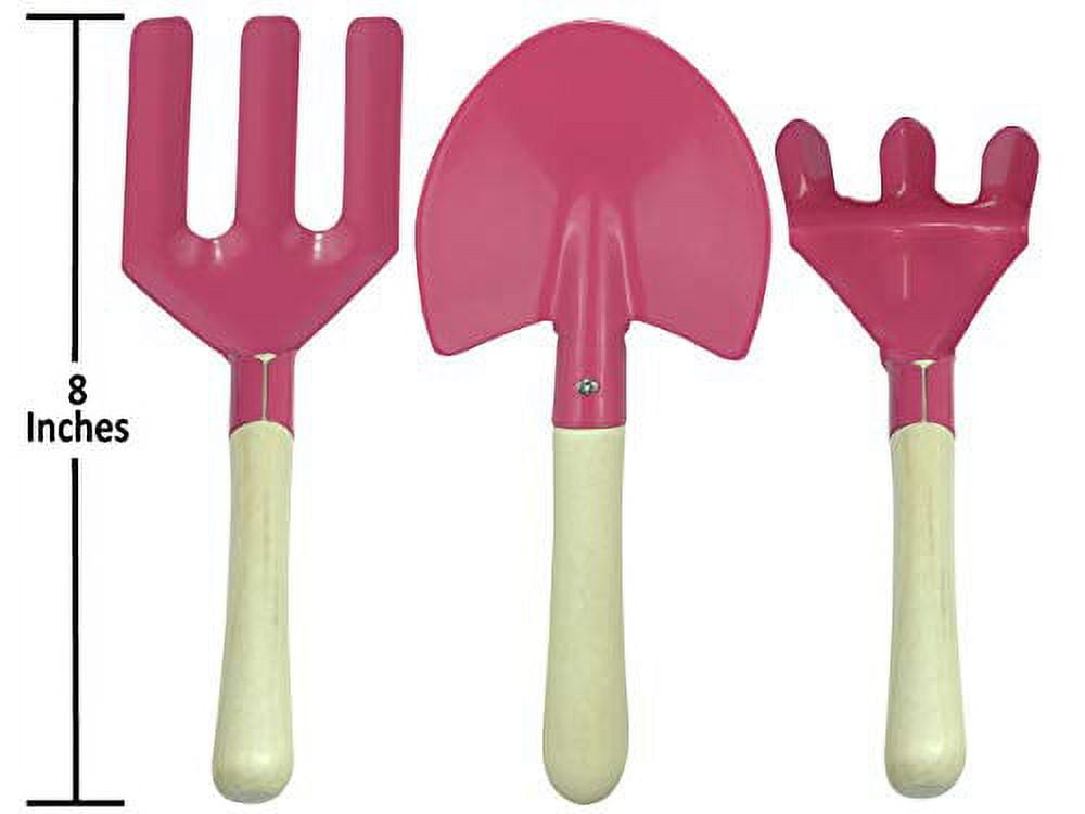 Kids Gardening Tool Set - Real Metal Child Sized Hand Tools with Wooden Handles & Safety Edges; Shovel, Rake & Pitch Fork - Plus Watering Can, Garden Gloves & Durable Canvas Carrying Bag. Pink