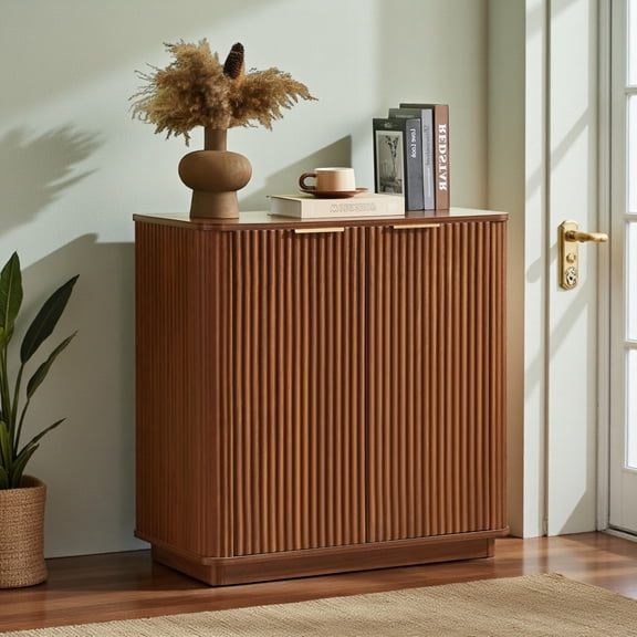 GZXS 31.5" Fluted Accent Cabinet with Adjustable Shelf, Farmhouse 2-Door Floor Sideboard Buffet, for Living Room, Entryway & Kitchen (Walnut)
