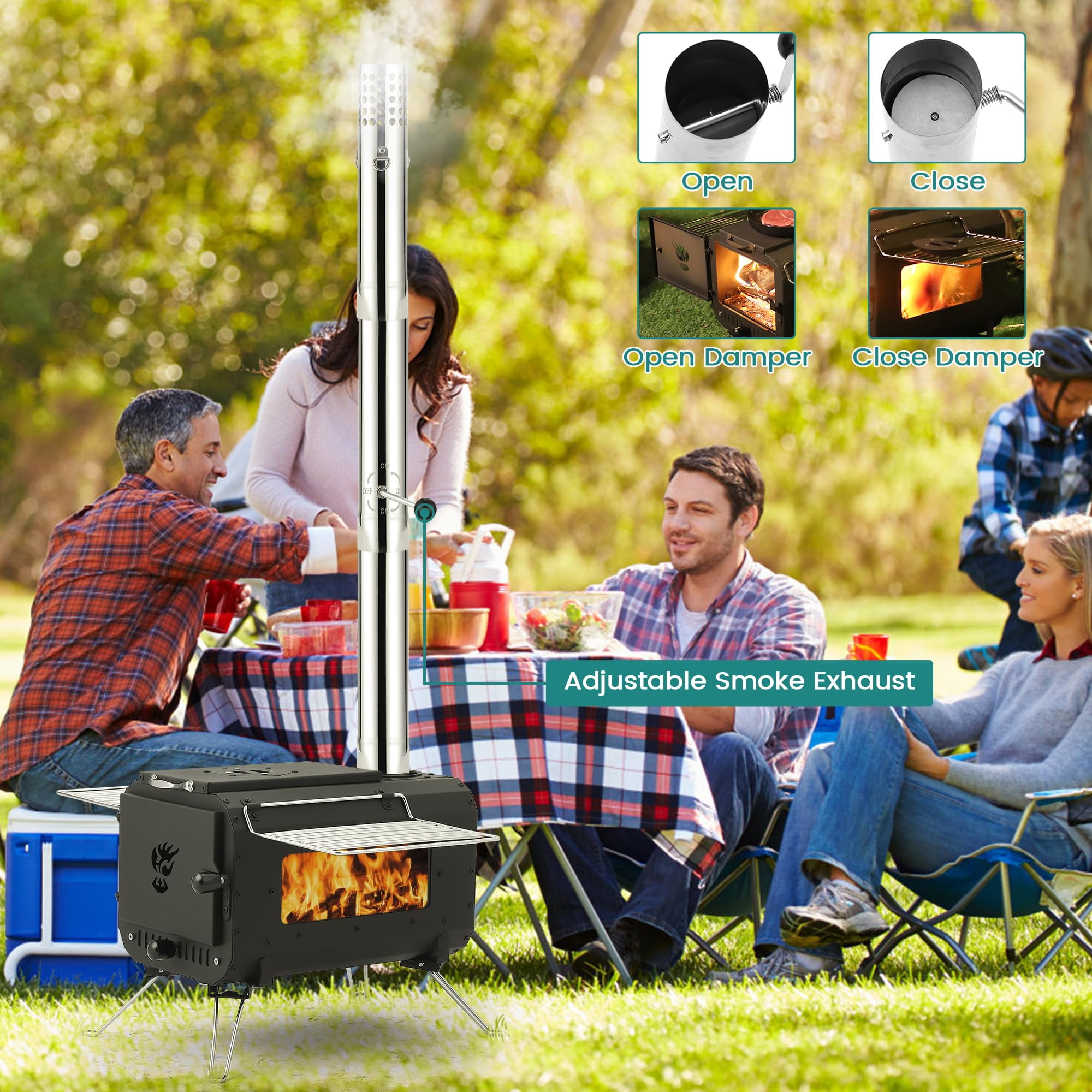 Towallmark Camping Stove – Cast Iron Wood Burning Tent Heater with Chimney Pipes for Outdoor Cooking & Heating