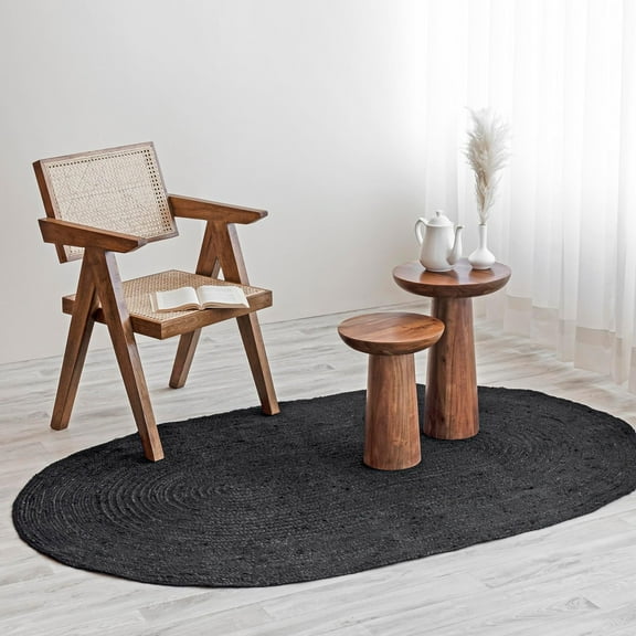HOMEMONDE Jute Rug 4'x6' Oval Boho Home Decor Area Rug - Black Hand Woven Rustic Vintage Reversible Braided Rug for Bedroom, Kitchen, Living Room, Hallway, Dining Room