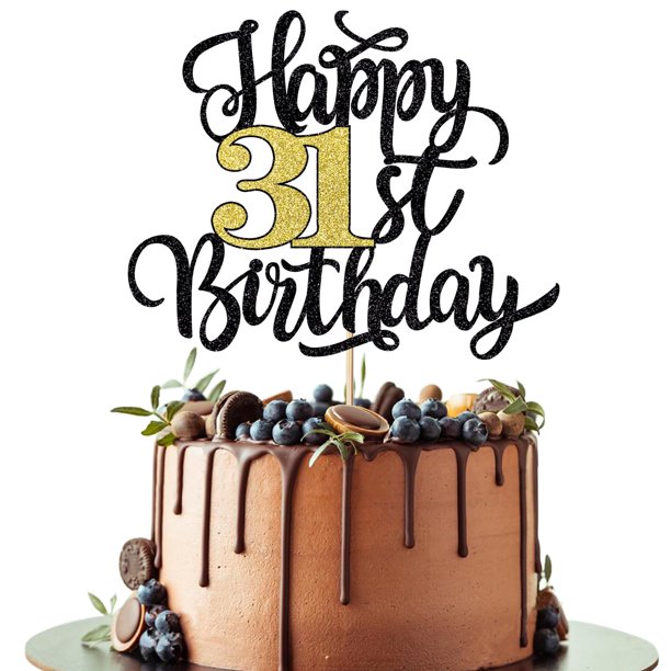 Topper para pastel Leetaivie 31.º cumpleaños negro y dorado con brillo