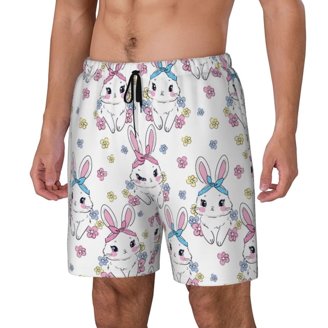 Balery Cartoon Cute Rabbit Bañador para hombre, shorts de playa de secado rápido con entrepierna y forro de compresión-3X-Large