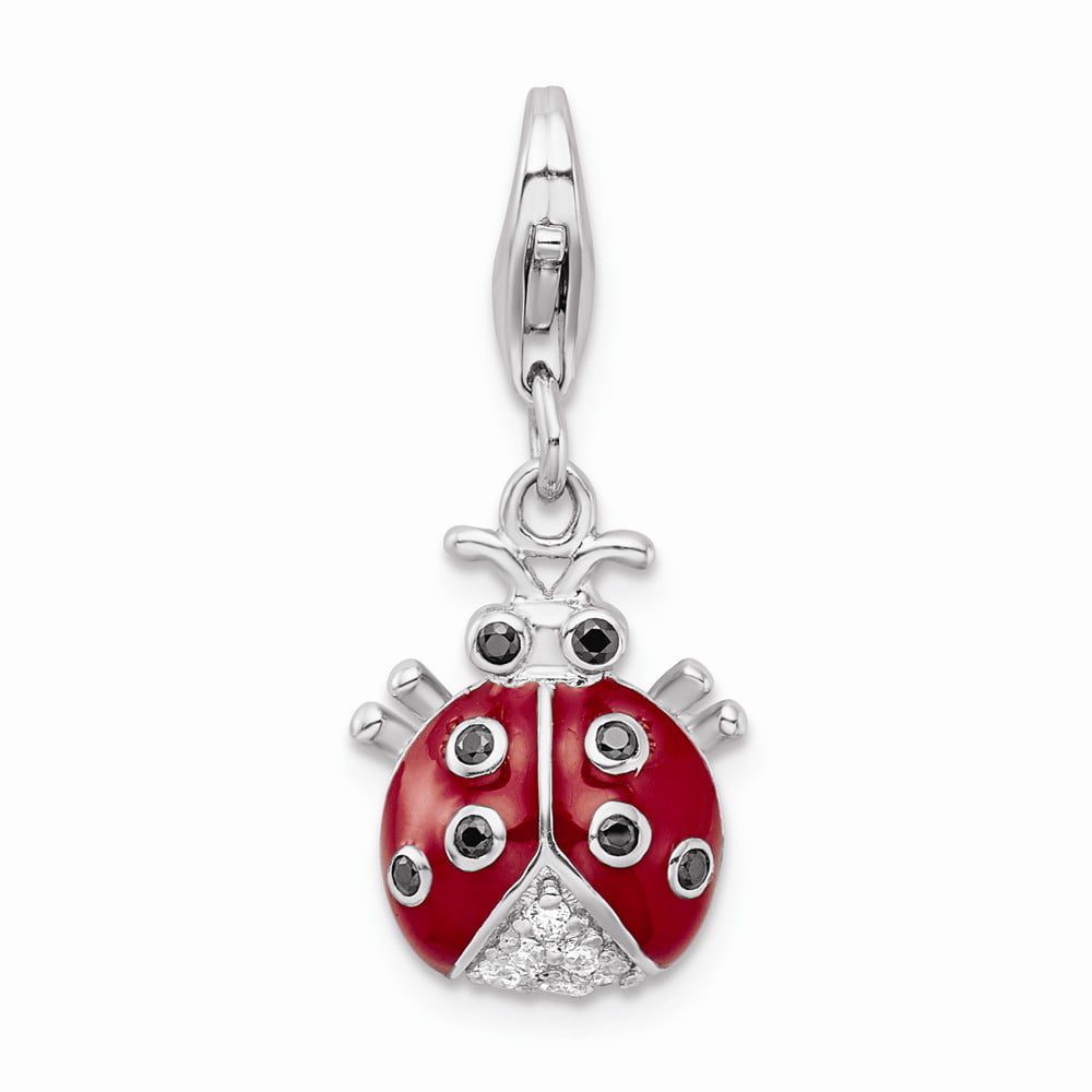 Sterling Silver CZ Rhodium Plated 3-D Enameled Lady Bug w/Lobster Clasp Cha