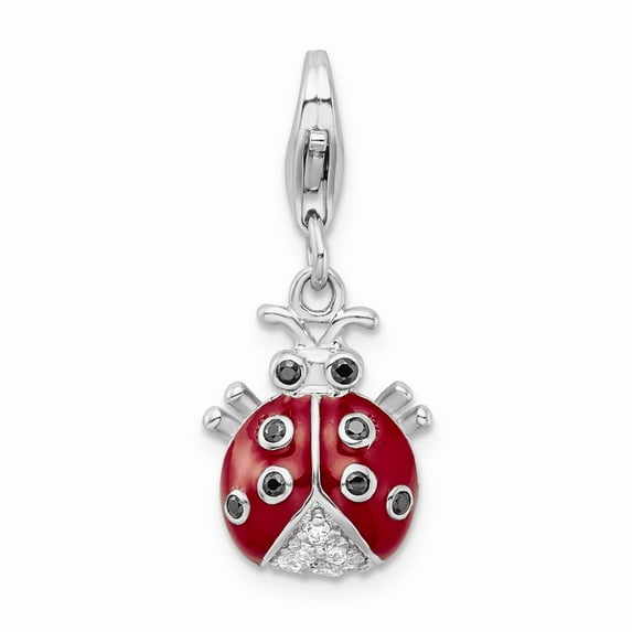 925 Sterling Silver CZ Rhodium Plated 3-D Enameled Lady Bug With Lobster Clasp Cha; for Adults and Teens; for Women and Men