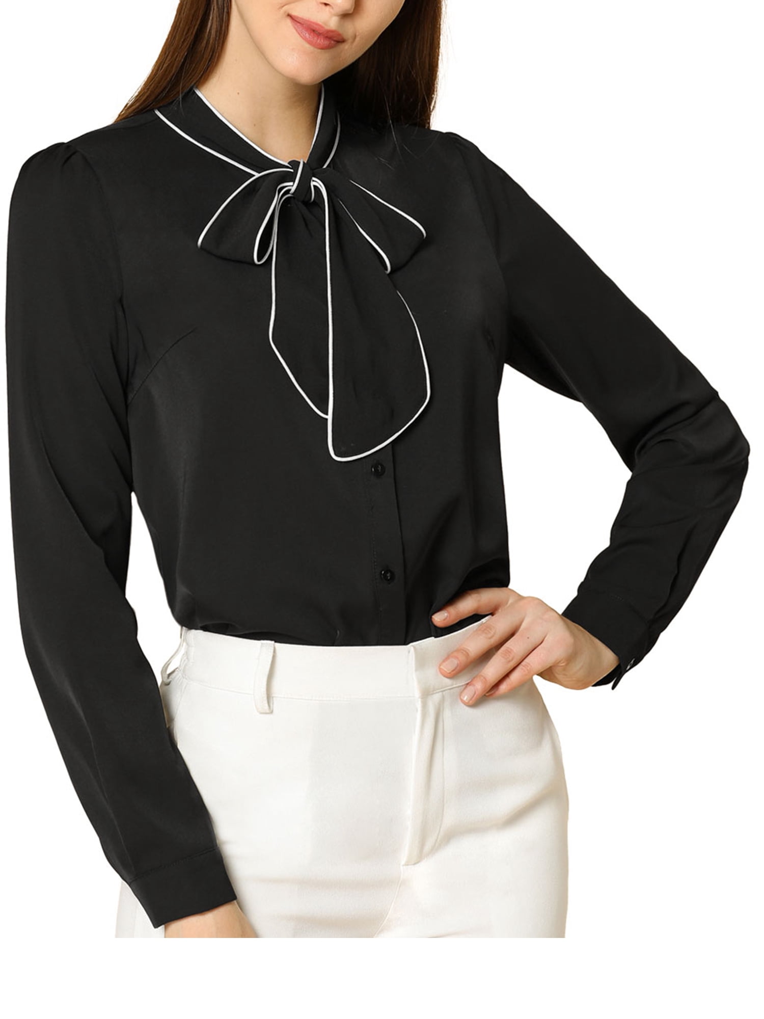 DARING DIVA Women's Contrast Color Button Down Long Sleeve Tie Neck Shirt XL Black