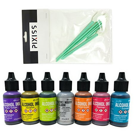 Ink Blending Tool - Favorites Collection 5 - Tim Holtz Alcohol Inks and Mixatives 7 Bottle Bundle, Purple Twilight, Dandelion, Citrus, Sunset Orange, Flamingo, Turquoise, Silver Mixative, 8x Pixiss Ink Blending Tools