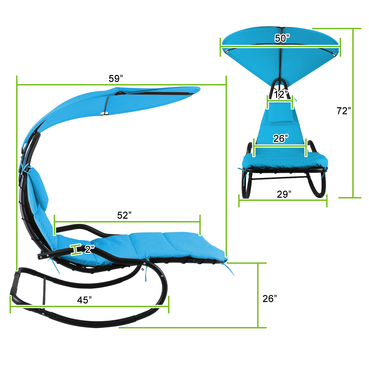 Rocking Hanging Lounge Chair - Curved Chaise Rocking Lounge Chair Swing For Backyard Patio w/ Built-in Pillow Removable Canopy with stand {Blue} - image 4 of 8