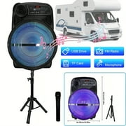 Portable Bluetooth Speaker with Stand, 8" 12" 15" Subwoofer, Heavy Bass PA System, TWS, FM, AUX, LED Lights, Mic, Tripod, Handle, for RV Car Truck Karaoke, Rechargeable