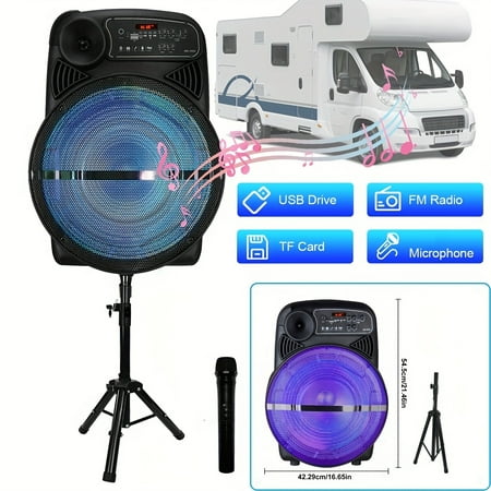 Portable Bluetooth Speaker with Stand, 8" 12" 15" Subwoofer, Heavy Bass PA System, TWS, FM, AUX, LED Lights, Mic, Tripod, Handle, for RV Car Truck Karaoke, Rechargeable