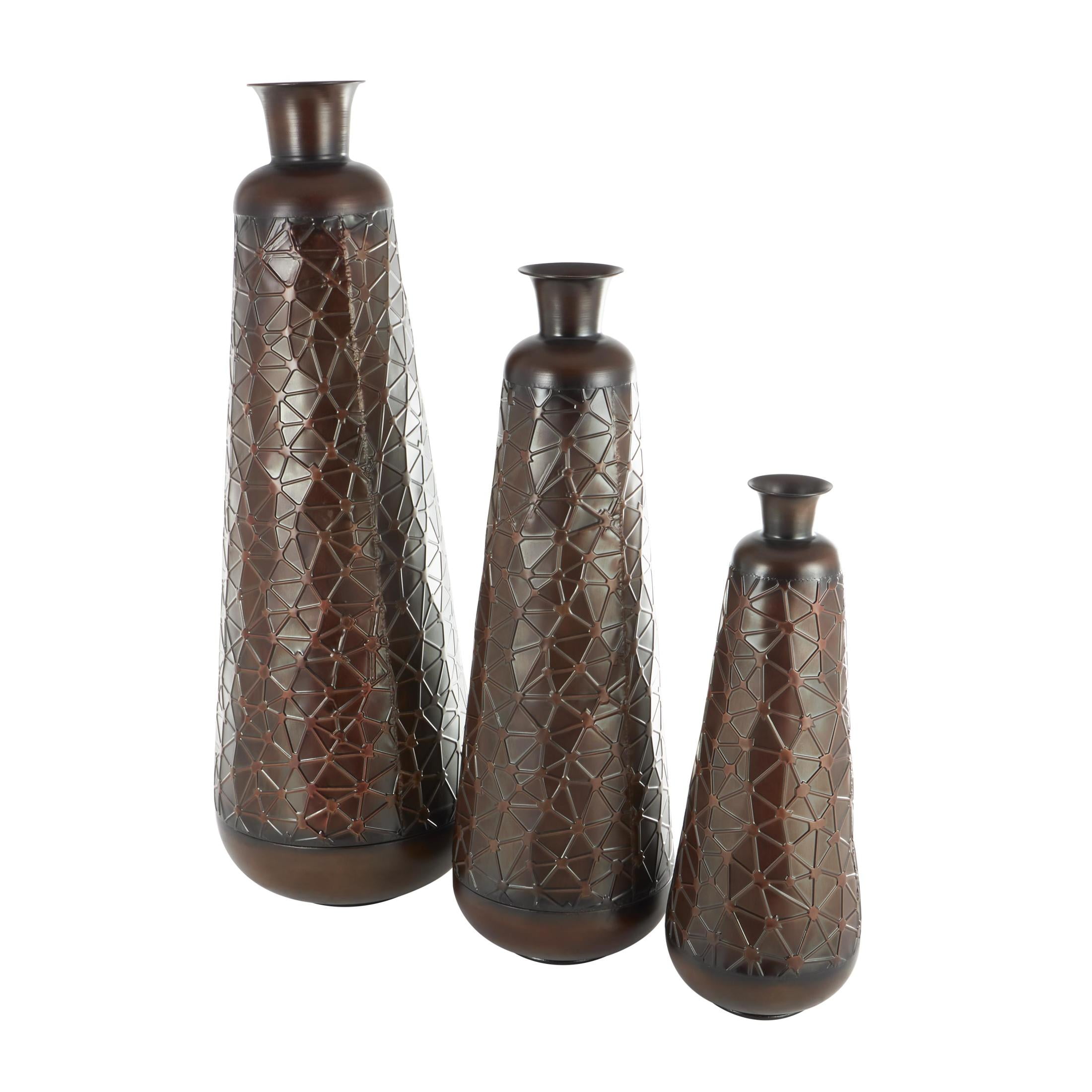 DecMode 53", 43", 32"H Tall Teardrop Shaped Dark Brown Metal Vase with Brown Trumpet Tops, Set of 3