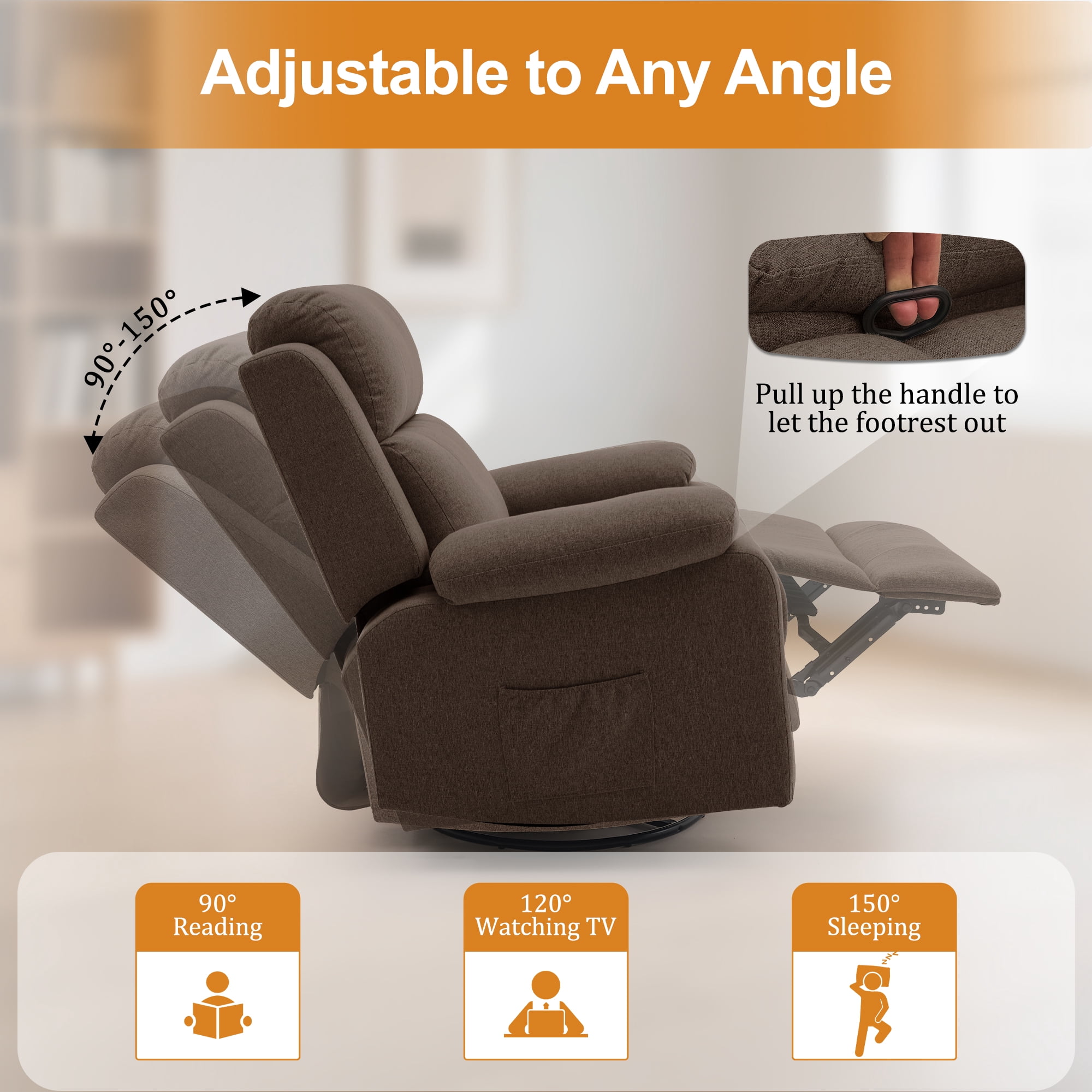Korser Swivel Rocker Recliner Chair for Adults with Massage and Heat,Upholstered Manual Recliner with Side Pockets Glider Recliner for Living Room,Linen,Brown