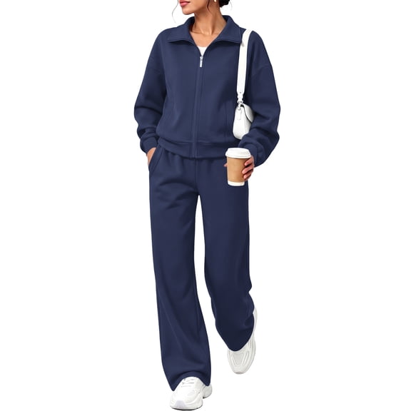 UVN Two Piece Sets for Women Fall Winter Fashion Tracksuit Outfits Lapel Long Sleeve Zip Up Tops and Pants Lounge Sets