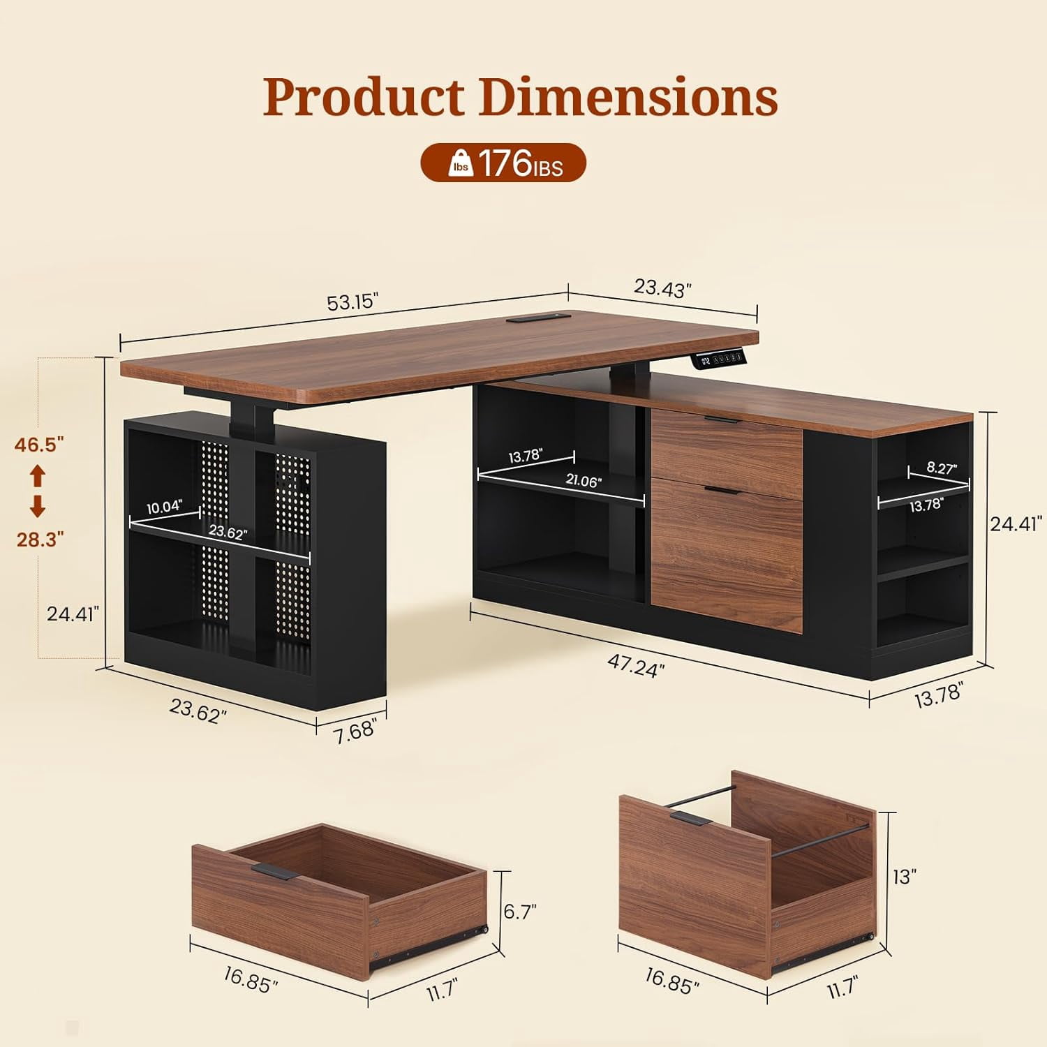 L Shaped Standing Desk, 53" Electric Office Desk with Power Outlets and File Drawers, Corner Computer Desk with Pegboard, Adjustable Height, Walnutu
