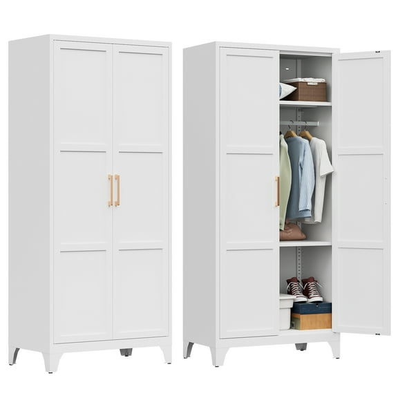 71" Metal Wardrobe Cabinet with Hanging Rod, Metal Clothing Storage Cabinets with 2 Doors and Adjustable Shelves, Armoire Wardrobe Closet for Bedroom, Laundry Room, Cloak Room, White