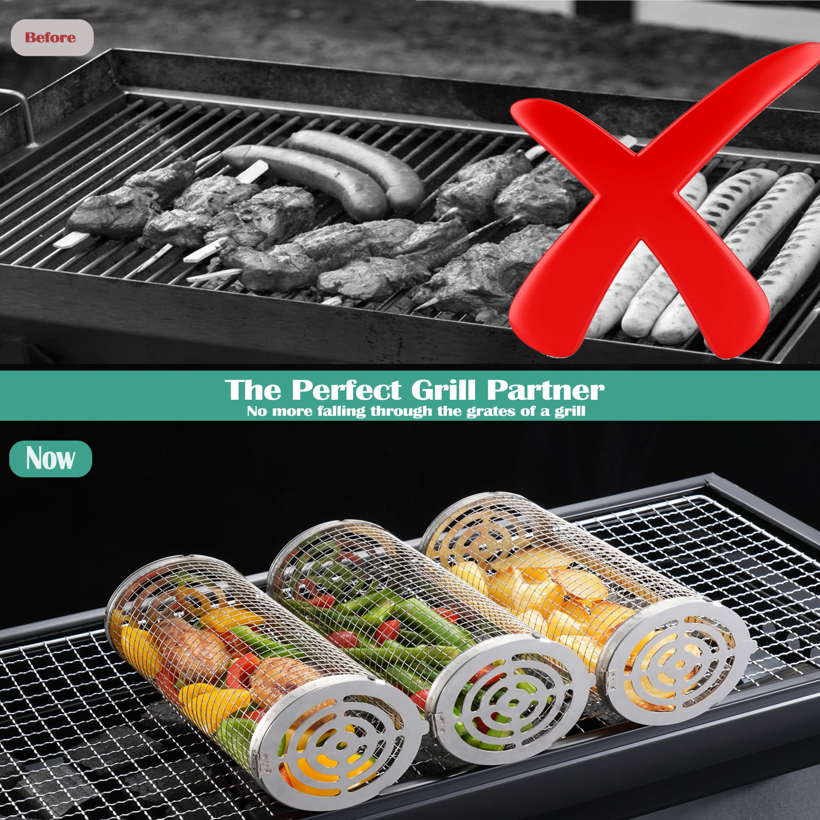 Daioloes BBQ Net Tube 2 Pack, Rolling Grilling Basket 12 Inch, Non-Stick  Barbecue Basket Rotisserie with Removable Mesh Cover, Grill Tool with 2 Bbq