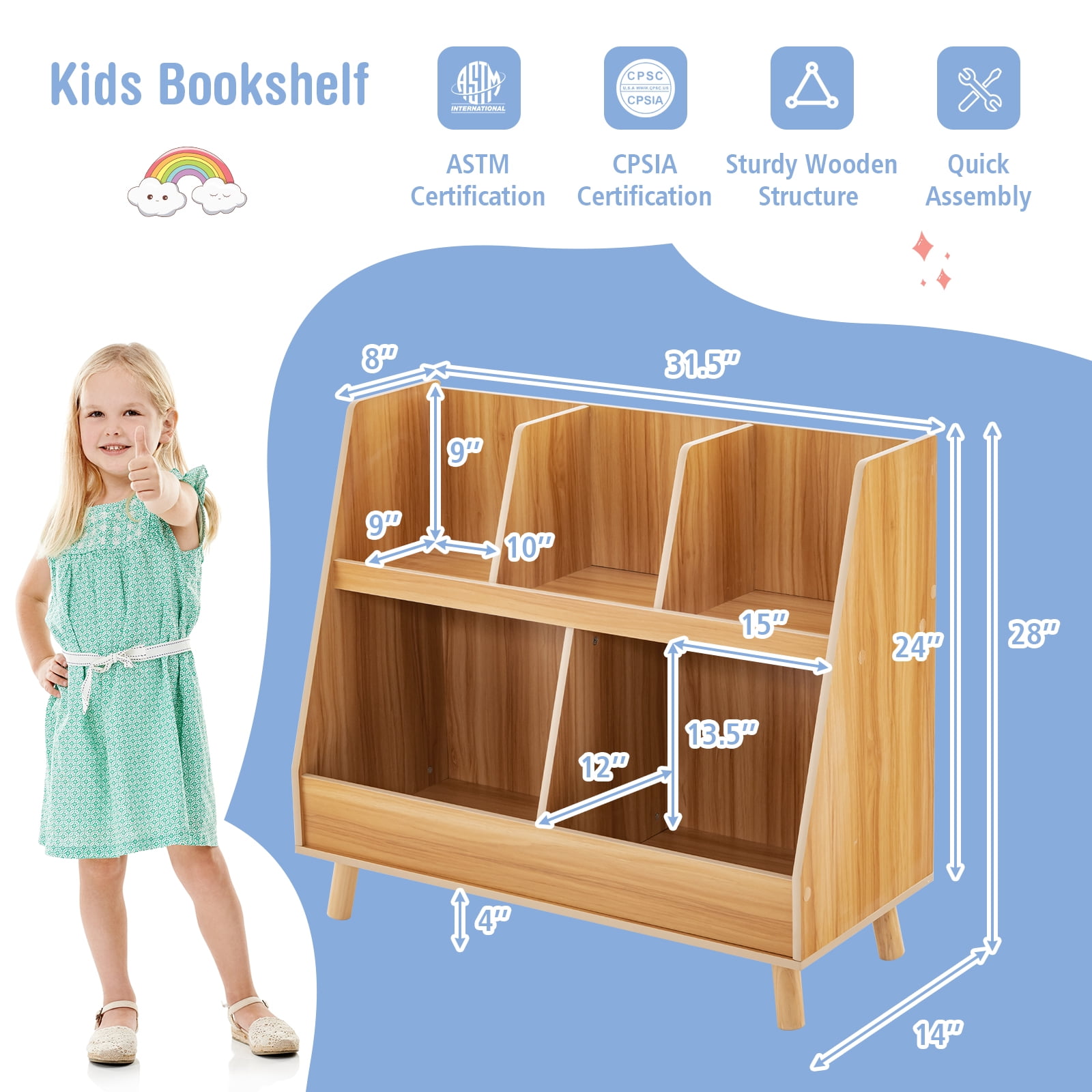 Infans 5-Cube Kids Bookshelf and Toy Organizer Wooden Storage Bookcase w/ Wood Legs