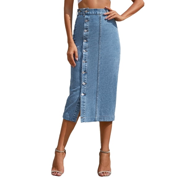 GPOECD European Style Button Front Denim Maxi Skirt High Waist Figure Flattering Casual Long Skirt for Women Blue,S