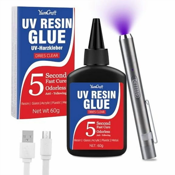 UV Resin Kit with Light, 60g UV Glue with Rechargeable Light, 5 Second Fast Cure UV Glue Adhesive, Clear Repair Kit for Welding Resin, Jewelry Bonding, Plastic, Glass, Acrylic, Craft Decoration