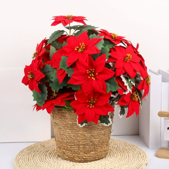 2 Pcs Poinsettia Flowers Artificial Christmas Flowers Bouquet Red 5 Heads 5.5" Christmas Decorations Artificial Flowers for Outdoors Christmas Tree Porch Home Garden Indoor Outdoor Xmas Decorations