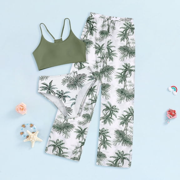 Girls Rash Guard Swimsuit Girls' 3 Piece Set Floral Print Bikini Swimsuit with Drawstring Beach Skirt Cute Ruched Bathing Suit