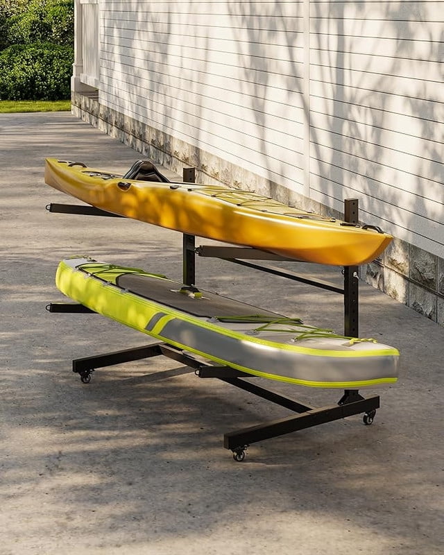 Kayak Storage Rack for 2-6 Kayaks Freestanding Kayak Rack for Outdoor Storage with Movable Wheels, Heavy-Duty Steel Kayak Hanger Holder with Hanging Straps