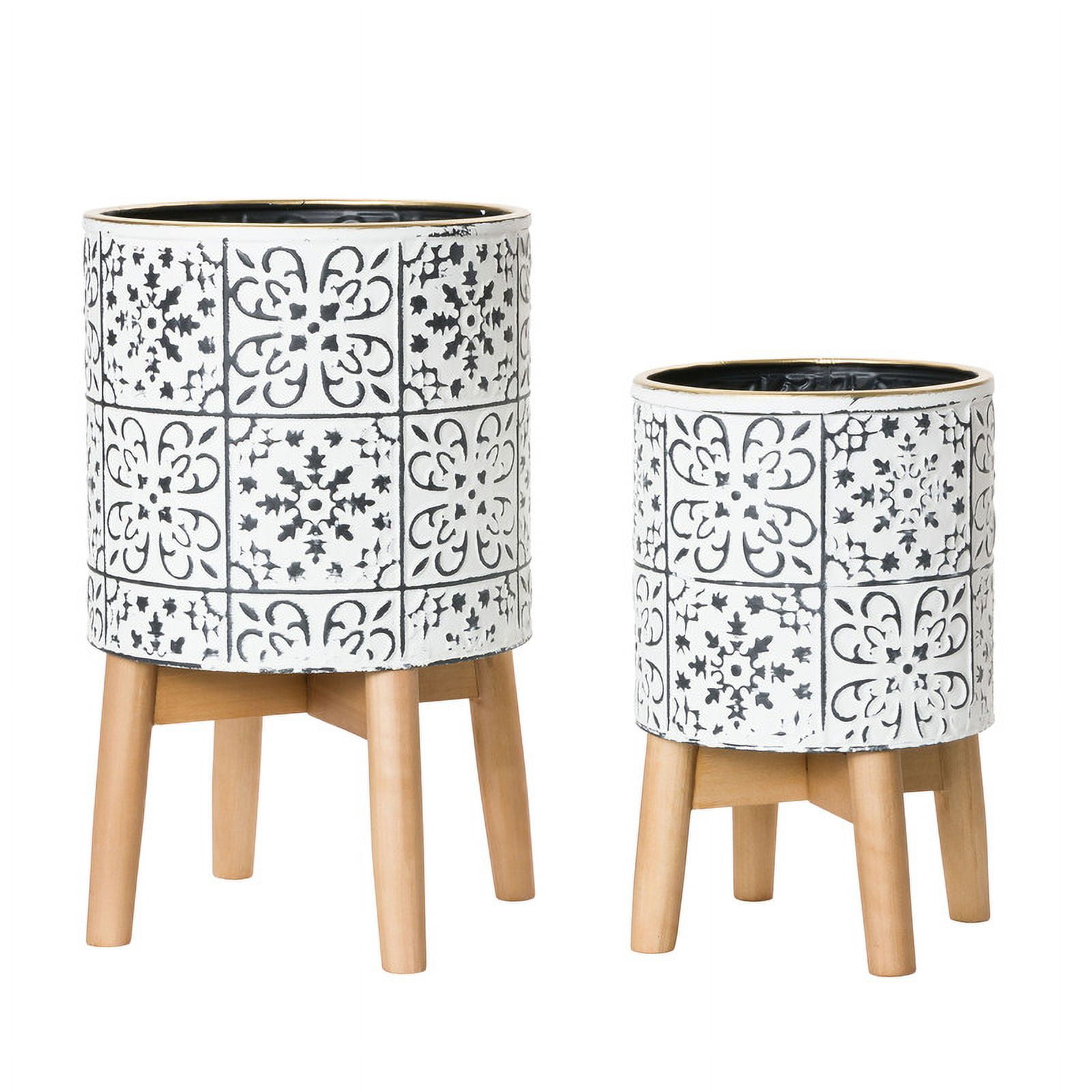 2-Piece Modern Metal Planter Pot With 4-Leg Wood Base - White & Black - 17"H x 10"W / 13.5"H x 8.5"W