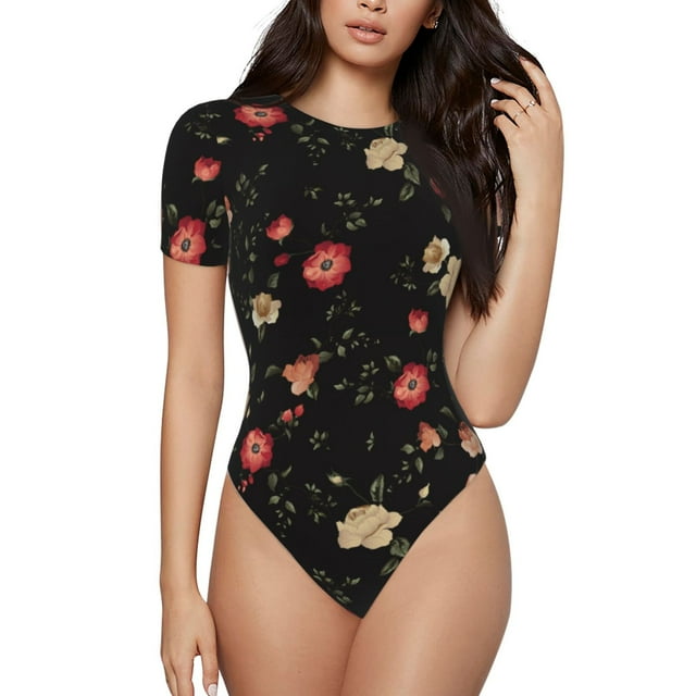 Saiise Grenouillère à Manches Courtes pour Femme Motif Fleurs Rouges et Blanches Col Rond Pyjama Justaucorps Extensible avec Fermeture à Boutons-Pression - X-Grand