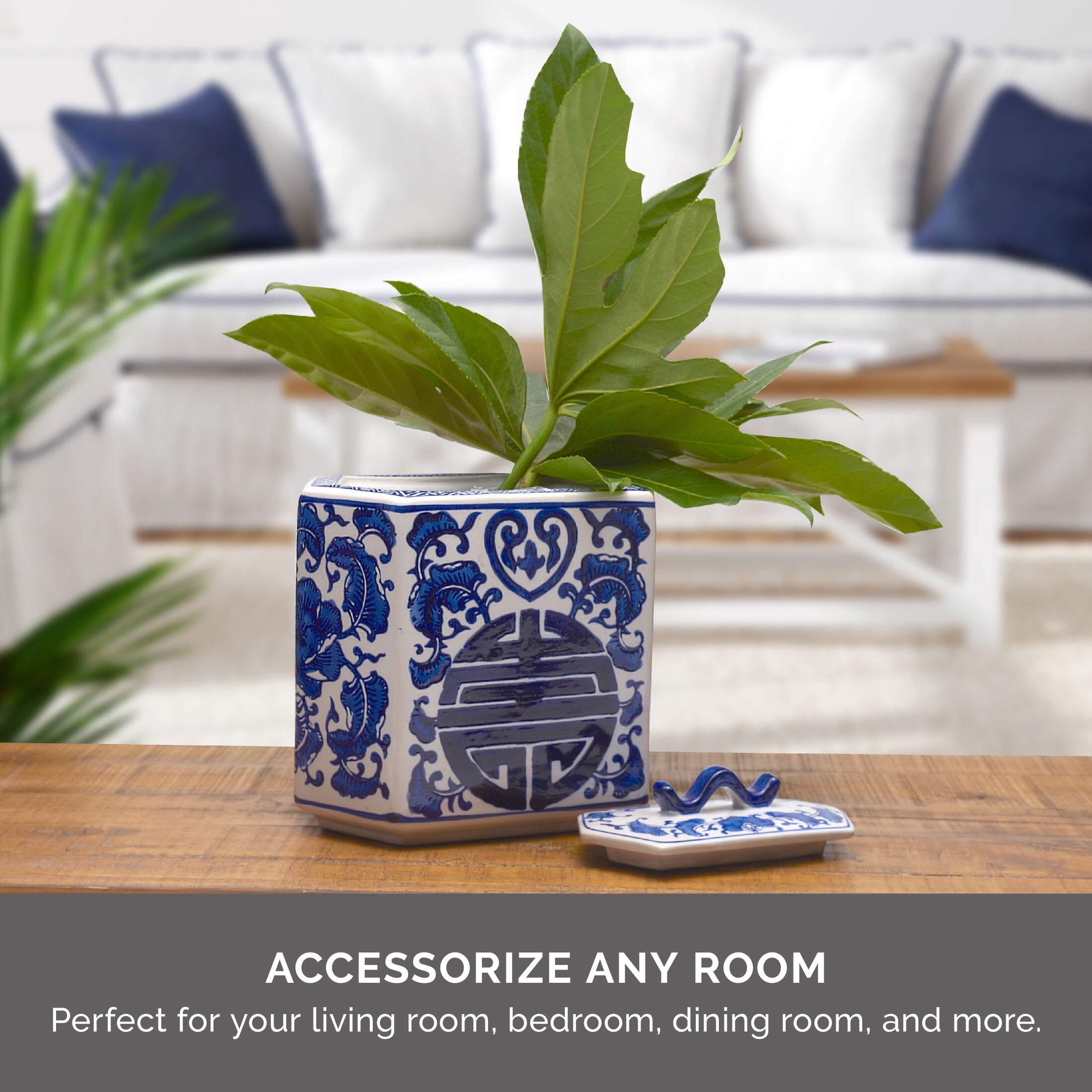 Home Accents 8 inch Blue and White Ceramic Jar with Lid