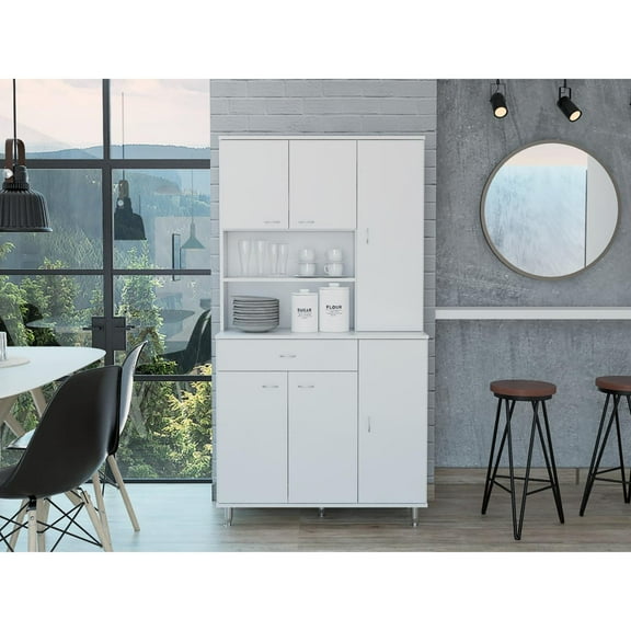Tuhome Della 90 Kitchen Pantry with One Drawer, Multiple Cabinets, Two Open Shelves