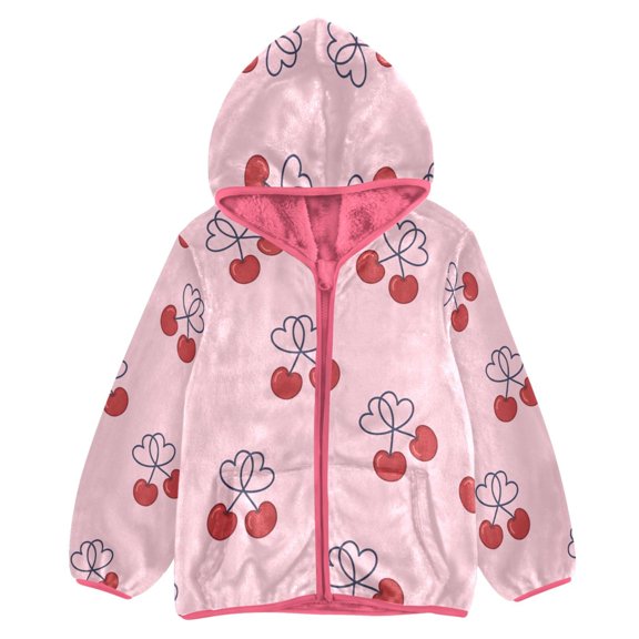 BZSMCE Double-Sided Sherpa Fleece Hooded Zipper Jacket Pink Heart Shaped Cherry Pattern Print Warm Outerwear