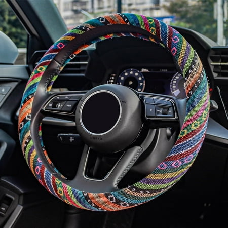 YALI Boho Steering Wheel Cover Elastic Microfiber for Women, Hippie Steering Wheel Cover Ethnic Flax Cloth Universal Fit 15 inch for Cars, Truck, Van, SUV - (A-Colorful)