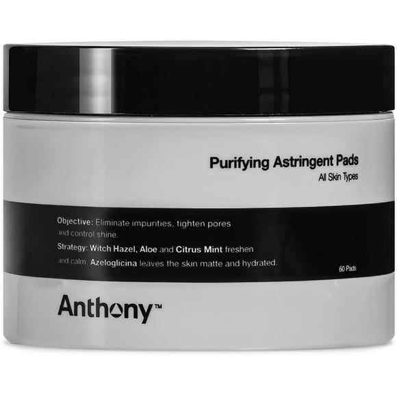 Anthony Purifying Astringent Toner Pads, 60 Count, Contains Witch Hazel, Aloe Vera, and Citrus Mint, to Eliminate Impurities, Tighten Pores and Control Shine
