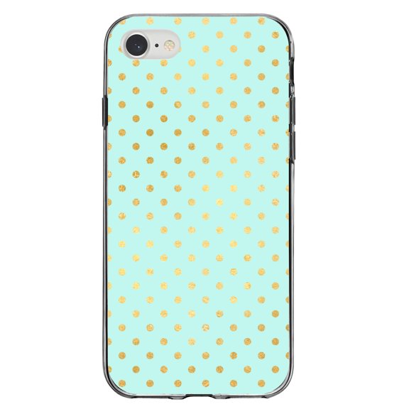 DistinctInk Clear Shockproof Hybrid Case for iPhone 7 8 SE (2020 Model) 4.7" Screen TPU Bumper Acrylic Back Tempered Glass Screen Protector - Teal & Gold Polka Dot Pattern