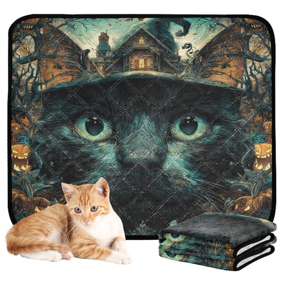 Qxltty Black Cat Haunted House Cat litter Pads Pet Set of 3 Diaper Mats Center Anti-leakage Layer Absorbent Soft and Comfortable