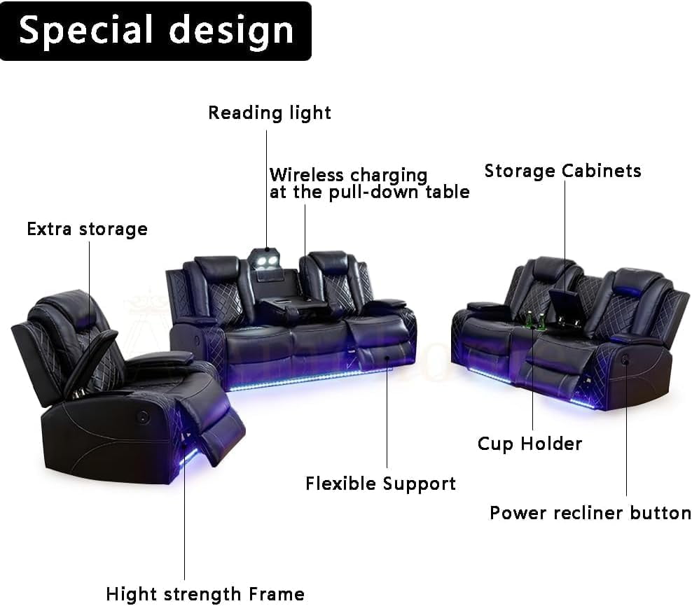 Luxurious Black Leather Sectional Sofa Set with LED Lights, Cup Holders, USB Port - Power Recliner & Storage Consoles Modern Style Comfortable Living