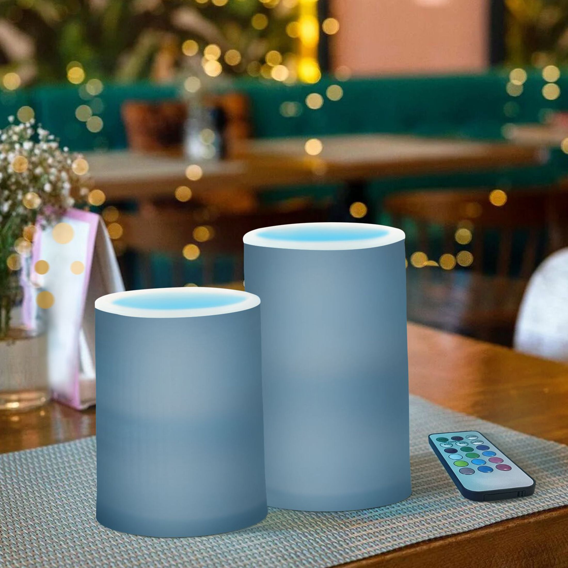 Navy Blue Flickering Flameless Candles Battery Operated with Remote Timer LED Pillar Candles Set of 2