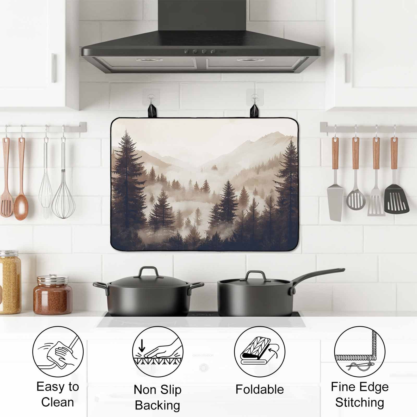 Black Forest Stove Top Cover for Electric Stove, Heat-proof & Non Slip Glass Top Stove Cover Protector, Silhouettes Foggy Grey Pine Tree Cabin Kitchen Flat Cooktop Rubber Mat 24x21 Inches