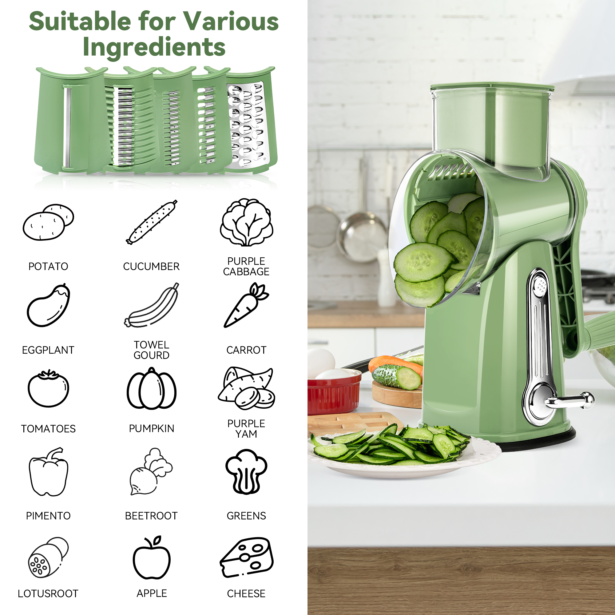Pukomc Rotary Cheese Grater with 5 Blades & Suction Base photo 8