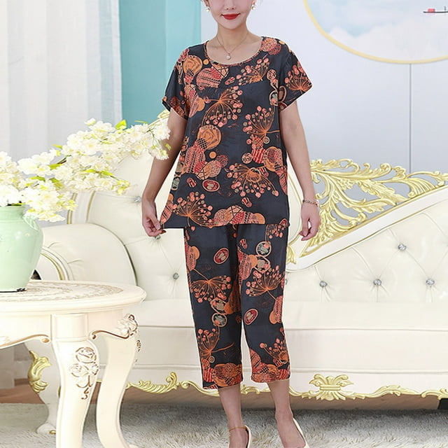 Qtocio Summer Pajamas for Women Set,Loose Print Short Sleeve Top Pants Sleepwear Set