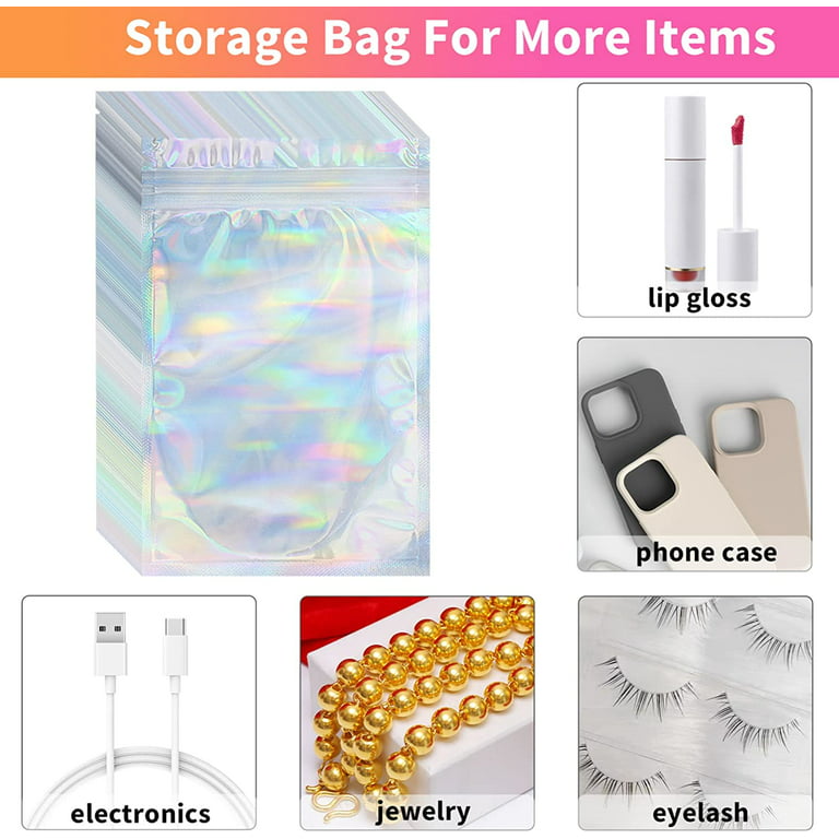 100 Packs Resealable Mylar Bags with Clear Window and Label, Smell Proof Bags Resealable Mylar Bag, Food Storage Bag Holographic Bags, Packaging Pouch