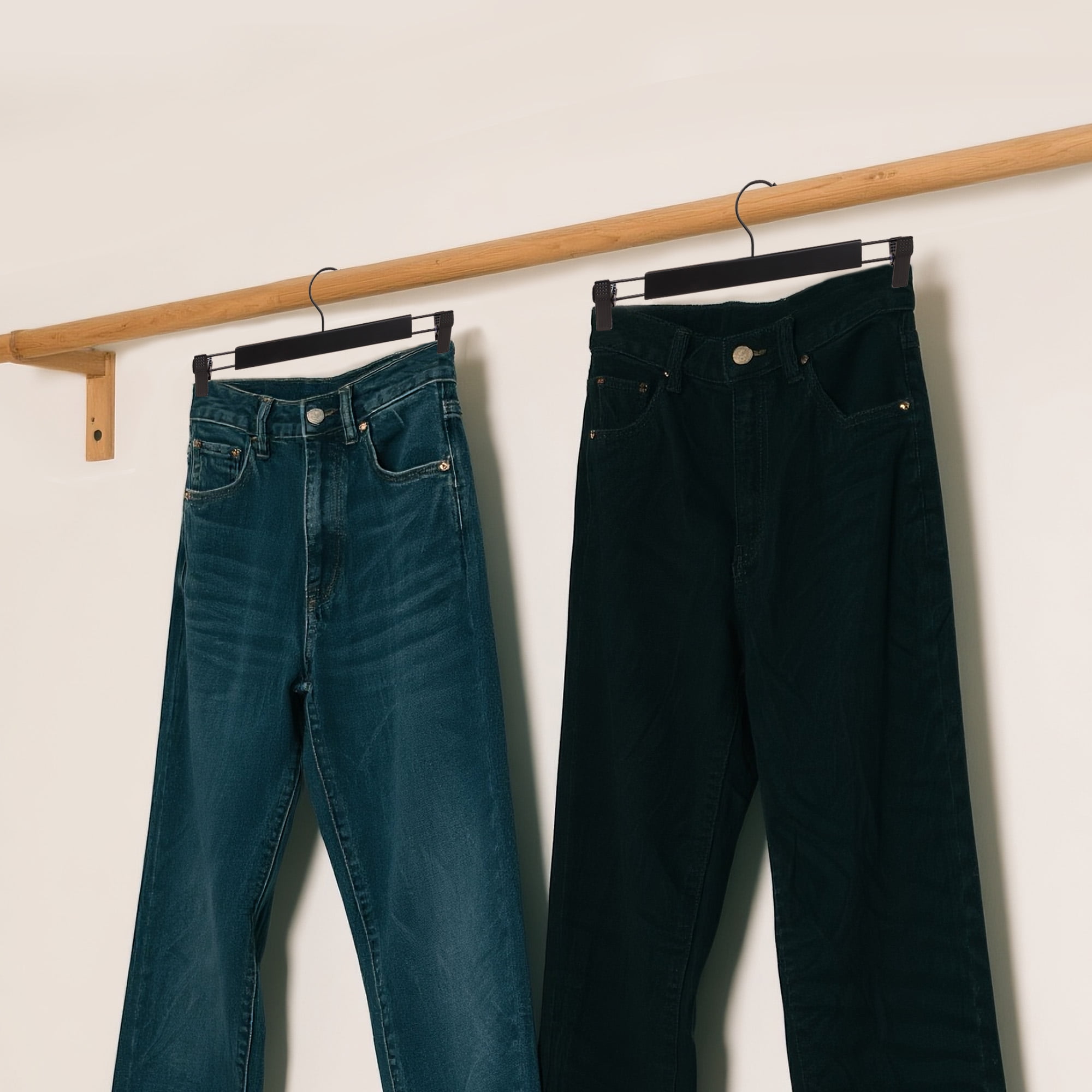 BP4U 24-Pack Premium Wooden Pants Hangers with Adjustable Clips, Heavy Duty Solid Wood Skirt Hangers, Non-Slip Trousers Bottom Hangers for Jeans, Slacks, Dresses(Black)