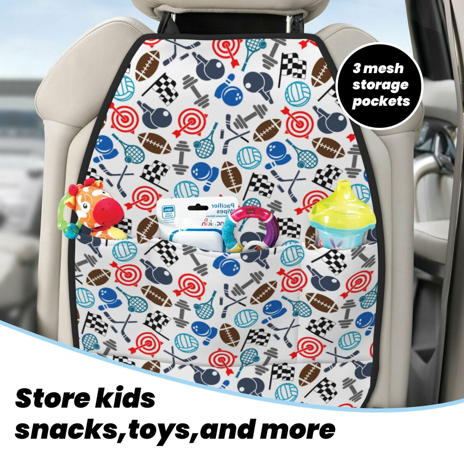 Kdxio Sport Items Print 2 Pack Car Kick Mat Seat Cover Back Protector Mat with Pockets for Organizer Backseat Protector and Storage Anti Kick Pad for Vehicles