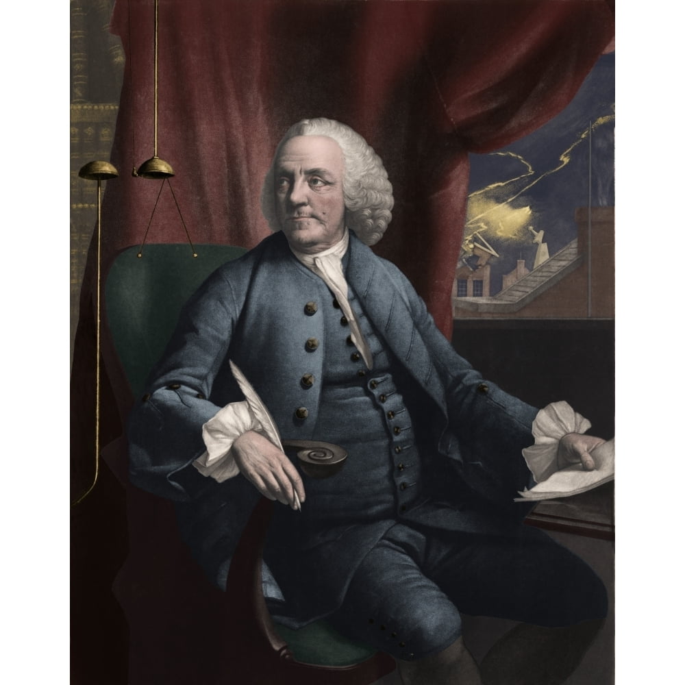 Benjamin Franklin 1706-1790 In His Study As Lightning Strikes Outside